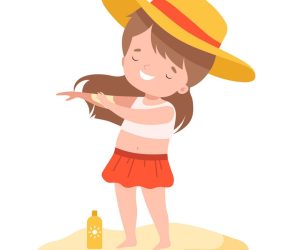 Cute Girl Applying Sunscreen at the Beach, Kids Summer Holidays Activities Cartoon Vector Illustration Isolated on White Background.