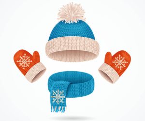 Realistic 3d Detailed Hat, Blue Scarf and Red Mittens with Snowflake Set. Vector illustration of Winter Fashion Warm Garment